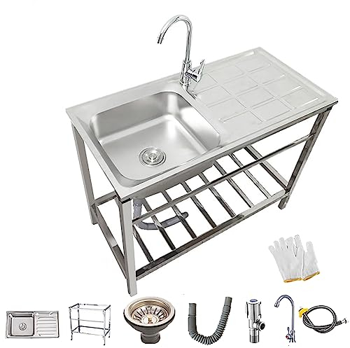 Fregadero Independiente Con Estantes Fregadero Industrial Comercial Con Banco De Trabajo Fregadero De Acero Inoxidable Con Grifo Fregadero Portatil Exterior Para Lavandería Garaje Restaurante Cocina (