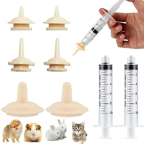 MEISO Lot de 6 Silicone Tétines d'alimentation pour Chatons et Chiots, Réutilisables Mini Tétines, Avec 2 Seringues D'alimentation pour Chiots, Chatons, écureuils et Autres Animaux de Compagnie