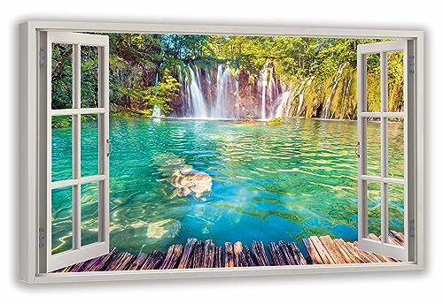 HUBDECO Leinwandbild Fensterblick Wasserfall Kroatien Bild 120x80 cm - Landschaftsbilder auf Leinwand - Wandbilder Wohnzimmer - Bild Fenster mit Ausblick - Aesthetic Room Decor - Wanddeko Schlafzimmer
