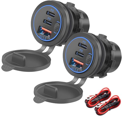 Intckwan Toma Usb de 12 V, 75 W, PD y QC3.0 para Motocicletas, Toma USB Impermeable de Montaje Empotrado de 12-24 V Con Interruptor y Luz Led Azul, Para Coches, Barcos, Camiones, Caravanas(2 Piezas)
