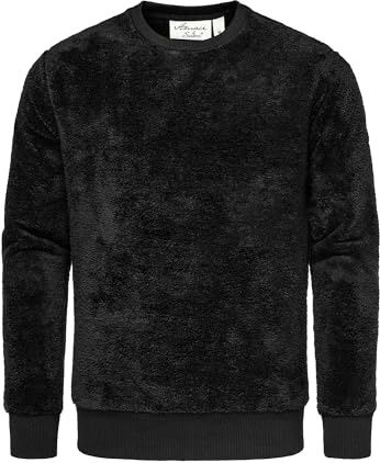 Amaci&Sons Herren Sweatshirt Pullover Teddy Plüsch Pulli Sweatjacke Hoodie Rundhalsausschnitt 4077 Schwarz L