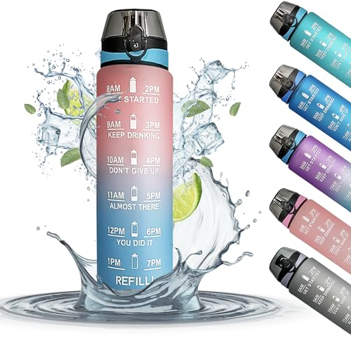 K-MART 1 Litre Water Bottle With Time Markings | BPA Free & Non-Toxic Drinks Bottle | Leakproof Sports Water Bottle 1l For Gym Bottle, Running Bottle, Cycling, School & Office (Pink Blue)