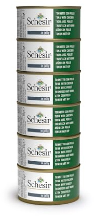 Schesir, Nassfutter für ausgewachsene Katzen, Thunfisch mit Huhn, aus Filets und 100% natürlichem Gelee, Packung mit 6 Dosen x 85 g