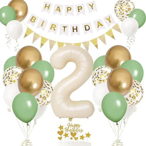 2. Geburtstag Deko Beige, Luftballon 2. Geburtstags, Geburtstagsdeko 2 Jahr, Mädchen 2 jahre Geburtstags Deko-Set, Zahl 2 Luftballons Tortendeko Grün Weiß Gold Ballons für Geburtstag Party Deko