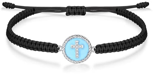 J.Endéar Kreuz Armband Silber 925 für Damen Mädchen, Schnur Filigran Geflochtenes Armband Handgemachte Marineblau Emaille Anhänger, Glaube und Liebe Schmuck Geschenk, Schwarz