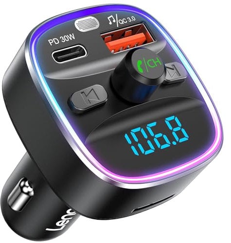 LENCENT Transmetteur FM Bluetooth Voiture, Bluetooth 5,4 Lecteur MP3 Adaptateur Kit Émetteur FM Voiture Chargeur 48W PD 30W & 18W, Appel Mains Libres, 7 Couleurs de lumière Support Carte SD & Clé USB