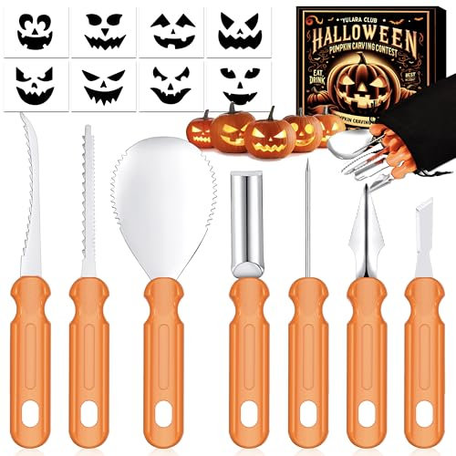 Halloween Kürbis Schnitzset Schnitzwerkzeug Kürbis: 7 Stück Kürbis Schnitzen Werkzeug mit Vorlagen Kinder Erwachsene Kürbisschnitzwerkzeuge, Edelstahl Pumpkin Carving Tools Set für Outdoor Kürbis Deko