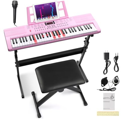 Ktaxon 61 Key Keyboard Piano Electric Keyboard w/Lighted Keys, Electric Piano Set with Headphones, Microphone, Music Rest, Power Adapter, Stand, Piano Bench and Manual (Full-Pink)