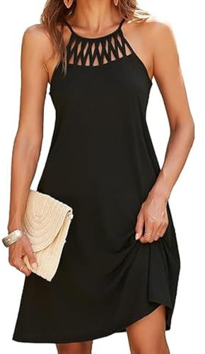 KOEMCY Vestido de Playa Mujer Crochet Hollow out Cuello Redondo Bikini Cover-up Sin Mangas Casual Beach Holiday Dresses Informal de Verano Beachwear con Bolsillo (Negro XL)