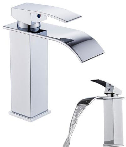 GIONAR Robinet mitigeur de lavabo – Design cascade moderne avec bonde pop-up – Robinets d'évier de salle de bain eau chaude et froide, tuyau en acier inoxydable anti-explosion inclus, ouverture plate