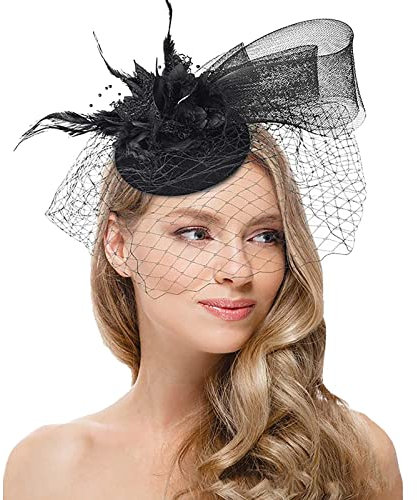 Fascinator Damen Kopfschmuck Hochzeit Hüte Hat Clips Schleier Stirnband Blume Mesh Federn Clip Kopfschmuck Haarschmuck Frauen Pillbox Hut für Party Kirche Cocktail Jockey Club