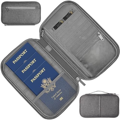 MyGadget Reisepass Organizer [ Platz für 3 Personen Familie ] - Reisepasshülle mit zusätzlichen Platz für Dokumente | EC - Karten | SIM | Schlüssel in Dunkel Grau
