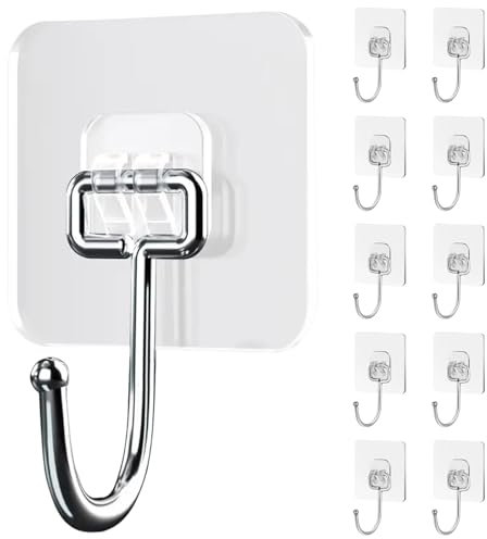 GYHWOFUL Klebehaken - 10 Stück (max 30 kg) Extra Stark, Haken Selbstklebend Transparent, Wasserdicht und Spurlos Handtuchhaken für Wandhaken, Deckenhaken, Badezimmer, Küchenutensilien, Schlüssel, Weiß