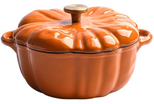 Grtheenumb Pumpkin Dutch Oven Pot with Lid, 1.5L Cast Iron Dutch Oven Non-Stick Enamel Pumpkin Dutch Oven Orange Dutch Oven with Handles for Kitchen, 16 x 8 cm