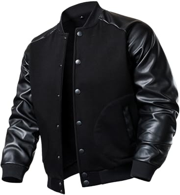 FANARCHER Men’s Varsity Baseball Jacket Cotton Blend Letterman Jacket with Faux Leather Sleeve Bomber Coat