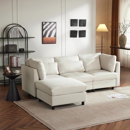 Gegtuon Couch Sofa 3 Sitzer Polstersofa mit Rückenlehne und 5 Kissen, L-Förm Schlafcouch Ecksofa Loungesofa Moderne mit Polsterhocker für Wohnzimmer Schlafzimmer Gästezimmer, Baumwoll+Leinen (Beige)