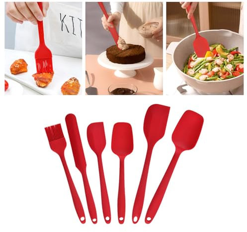 Spatulas Set of 6, Food Grade Silicone Spatulas, Rubber Spatulas Heat Resistant, Seamless Design, Stainless Steel Core, Baking Set,Kitchen Utensils Nonstick for for Cooking, Baking and Mixing (Red)