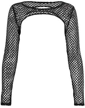 GORGLITTER Women's Fishnet Sheer Bolero Shrug Crewneck Long Sleeve Sexy Skinny Clubwear Y2k Crop Tops Black Large