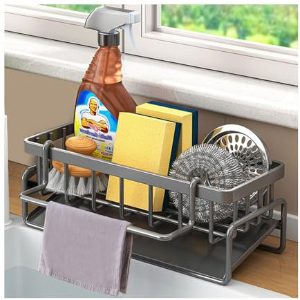GIDWRIY Porte Eponge Evier Cuisine Gris,Organisateur Evier,Rangement Eponge Cuisine,Support Evier INOX,Porte Savon Cuisine Evier,Egouttoir Evier Eponge avec Bac D'écoulement Automatique