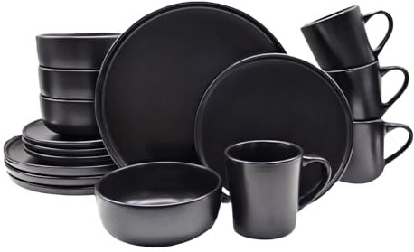 HOMD 16-Pieces Stoneware Dinnerware Set, Dinner Set, Kitchen Dinnerware Ceramic Crockery Set, Dinner Service Set for 4, Include Dinner Plate, Dessert Plate, Cereal Bowl and Mug (Black)