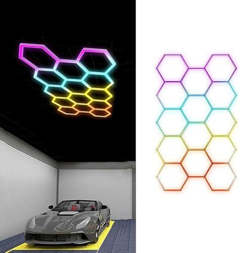 Hexagon Garage Light: Higher Brightness Lumens LED Honeycomb Ceiling Light,280W 8 Grids Systems 6500K,2.6x2.4m Grid Lighting for Garages,Gym,Car Detailing Shop,Auto Beauty Shop,Shopping malls (8-HEX)