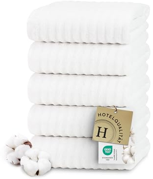 ZOLLNER 5er Set Duschtücher in 70x140 cm - in weiß - saugstark und sehr flauschig - mit Hoch- und Tief-Webung - Baumwolle - Hotelqualität - Oeko Tex Zertifiziert