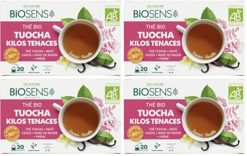 Biosens - Thé Tuocha Kilos Tenaces - Thé Tuocha, Maté, Cassis, Marc de Raisin et Frêne - Certifié Bio AB - Fabriqué en France - 20 sachets (Lot de 4)
