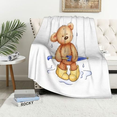 MAAPCHP Kuscheldecke Flauschig Decke Fleecedecke Teddybär mit Regenschirm und Gummistie Wohndecke Warm Winter Weich,Decke Couch Blanket,Wohn- & Kuscheldecken 100 x 130 cm,Sofa überwurfdecke