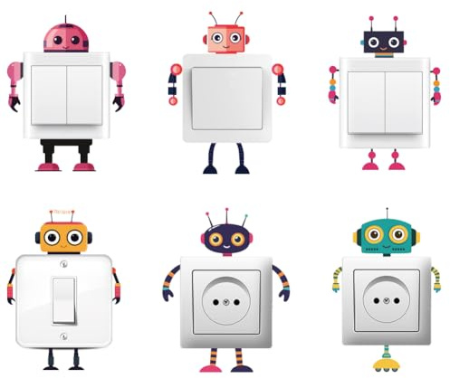 AHANDMAKER 6 Art Lustige Roboter Lichtschalter Aufkleber Bunte Cartoon Roboter Thema Wand Aufkleber Schalter Aufkleber Für Lichtschalter Outlets Ledge Schlafzimmer Klassenzimmer
