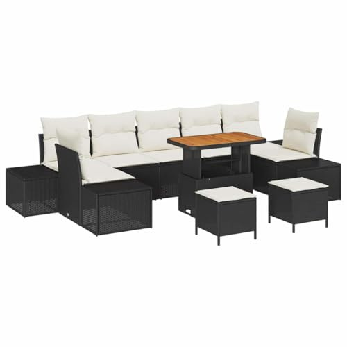 vidaXL 10-teiliges Garten-Sofa-Set mit Kissen in Schwarz aus Poly Rattan und Akazie. Langlebiges Outdoor-Sitzmöbel für 6 Personen. Modulares Lounge-Set für Balkon, Terrasse und Garten.