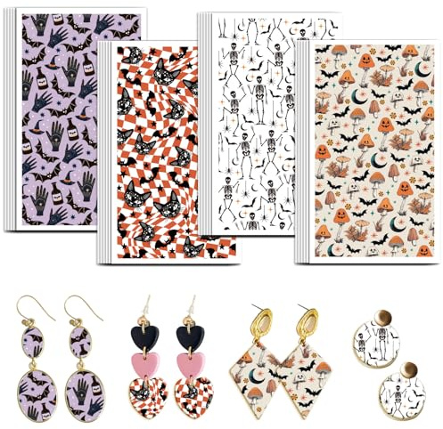 OLYCRAFT 24 Stück Transferpapier Für Ton Mit Totenkopf Motiv 4 Design Transferpapier Für Polymer Ton Fledermäuse Und Pilze Transferblätter Für Polymer Halloween Muster Kleine Keramik Aufkleber