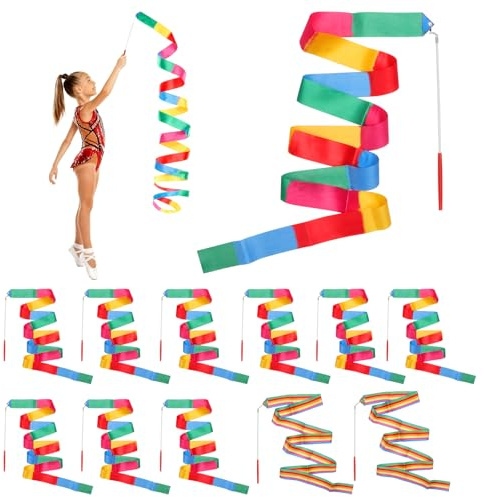 APOMOONS 12 Stück Tanzband mit Stab Gymnastikband Tanzbänder Rhythmische 2M | Sportgymnastik, Schwungband, Tanzen Streamer, Mehrfarbig, für Geschenke Kindergeburtstag, Talentshow Zirkus
