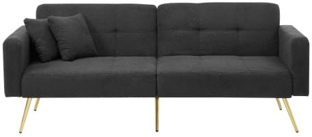 vutizal Graues Schlafsofa, Klappbares Sofa-Bett 2-Sitzer mit weichem Chenille Bezug (Lammwolle-Optik), goldenen Beinen und praktischen Staufächern – Elegante Schlafcouch für Wohnzimmer