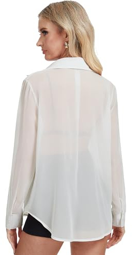 ANTLOOWW Damblus elegant button-down skjortblus kvinnor sexig transparent långärmad blus storlekar S–XXL
