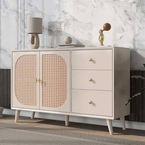 QXJVA Sideboard Creme Rattan Optik 120cm Kommode Wiener Geflecht 3 Schubladen 2 Türen Anrichte Boho Stil Wohnzimmerschrank Massivholz Beine Flur Offwhite