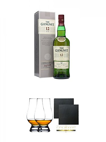 Glenlivet 12 Jahre Single Malt Whisky 0,7 Liter + The Glencairn Glass Whisky Glas Stölzle 2 Stück + Schiefer Glasuntersetzer eckig ca. 9,5 cm Ø 2 Stück