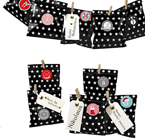 Frau WUNDERVoll® DIY Adventskalender zum Befüllen Bescherung: Set Stern 126, Papiertueten flach 13x16,5cm, schwarz Stern, Ziffern bunt