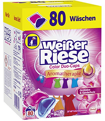 Weißer Riese Color Duo-Caps (80 lavaggi), per aromaterapia, all’orchidea e legno di sandalo, prodotto per la famiglia, detersivo extra efficace contro le macchie.
