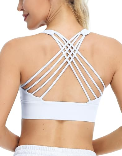 icyzone Damen Sport-BH mit Gepolstert Ohne Bügel Gekreuzt Rücken Gym Fitness Yoga Bra (Off White, S)