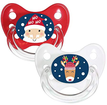 dentistar Silikon Schnuller 2er-Set – Größe 1 Schnuller 0-6 Monate – Zahn- & kieferfreundlicher Nuckel mit Dental-Stufe – BPA-frei – Made in Germany - Rentier & Weihnachtsmann