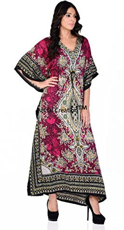 Art Of Creation Kaftan Long pour Femme - Robe Longue de Style Kimono pour Femme - Taille Standard à Grande Taille, Rose, Taille Unique