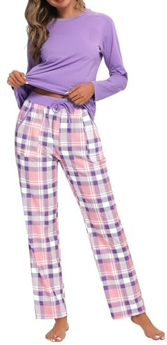 Uniexcosm Pyjama Femme Coton Long Ensembles de Femme Hiver Carreaux Col Ronde Manches Longues Pyjama pour Femme avec Poches Latérales Violet XXL