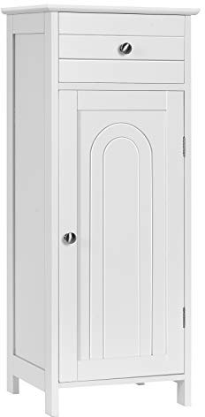 COSTWAY Meuble de Salle de Bain en Bois sur Pieds, Armoire de Rangement à Porte avec Grand Tiroir, 2 Étagères Réglables et Dispositif Anti-Dumping, 35,6 x 30,5 x 88 cm (Blanc)