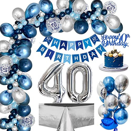 40. Geburtstag Deko, Luftballons 40.Geburtstag Männer mit Blau Silber Luftballons 40. Happy Birthday Banner, Folienballon 40.Konfetti Ballon für Männer Frauen Geburtstagsdeko 40 Jahre Mehrweg
