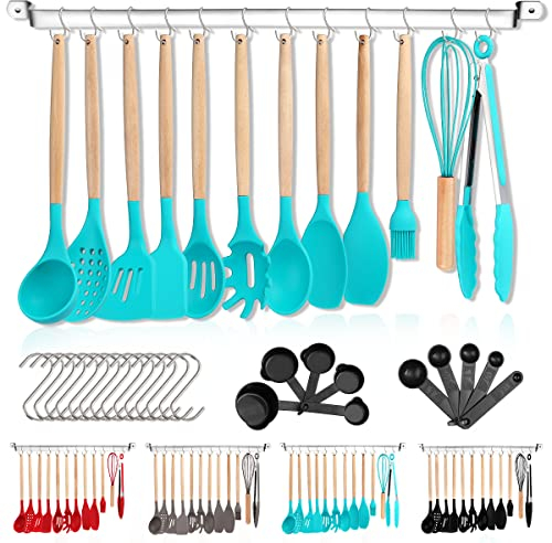 Berglander Juego de Utensilios de Cocina de Silicona 38 Piezas antiadherentes de Madera con Ganchos Multiusos y estantes para Utensilios (Azul)