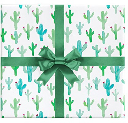 Cactus Giftwrap Paper - Six Flat Folded Sheets 19.5x27 Inches, Watercolor Painted Cacti for Desert Birthday Wrapping Paper or Art Projects