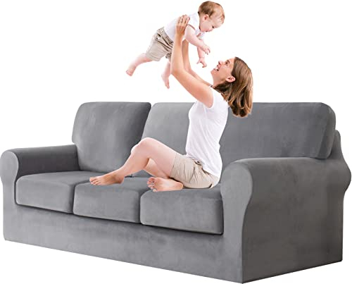 jianyana High Stretch Sofabezug, 1/2/3 sitzerSamt Elastisch Sofa Überwürfe Sofabezug mit Gummizug Einstellband (Hellgrau, 3-Sitzer-7PCS)