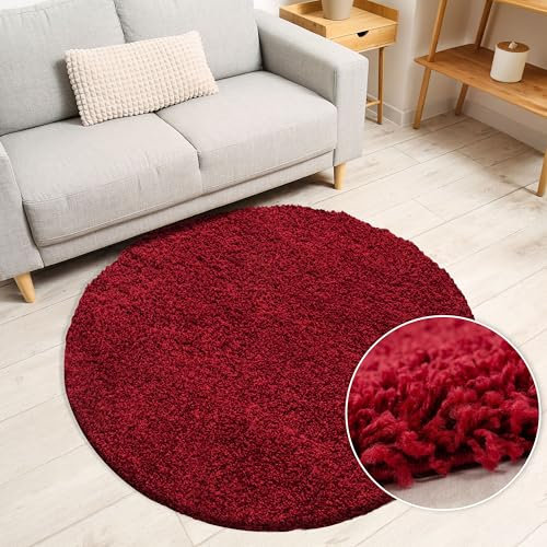 Miovani Hochflor Teppich Rund 120 cm Rot - Besonders weicher Shaggy Teppich in vielen Farben & Größen für Dein gemütliches Zuhause - Teppich Wohnzimmer & Schlafzimmer