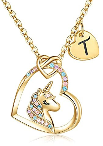 TINGN Einhorn Geschenke für Mädchen, 14 Karat Vergoldet Herz Anhänger Kette Einhorn Halskette für Mädchen 7 8 9 10 Jahre Frauen Gold Kette mit Buchstaben T Geburtstag Geschenke für Kinder Schmuck