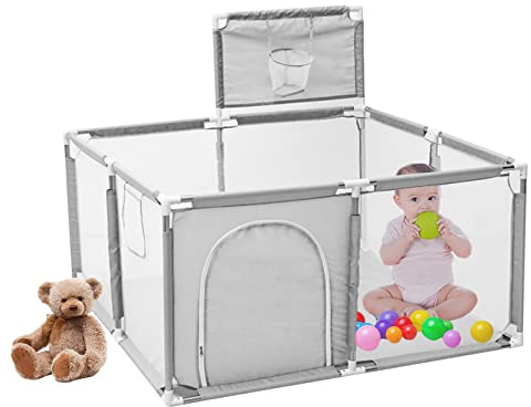 Sinbide Baby Laufgitter mit Anti-Rutsch-Basis, Laufstall für Babys, Schutzgitter für Kinder, Krabbelgitter, Robuster Sicherheitsspielplatz mit superweichem und Atmungsaktivem Netz (128 * 128, grau)